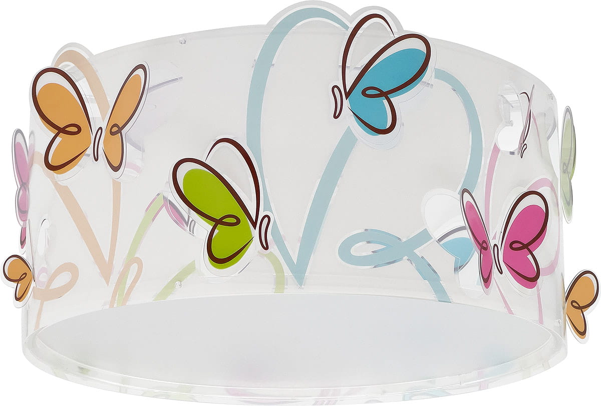 Plafon Butterfly 2-punktowy, okrągły, wykonany z przezroczystego materiału, zdobiony kolorowymi motylkami w odcieniach różu, błękitu, zieleni i pomarańczy, z delikatnymi, kolorowymi liniami w tle. Ujęcie z boku, ukazujące detale dekoracyjne.