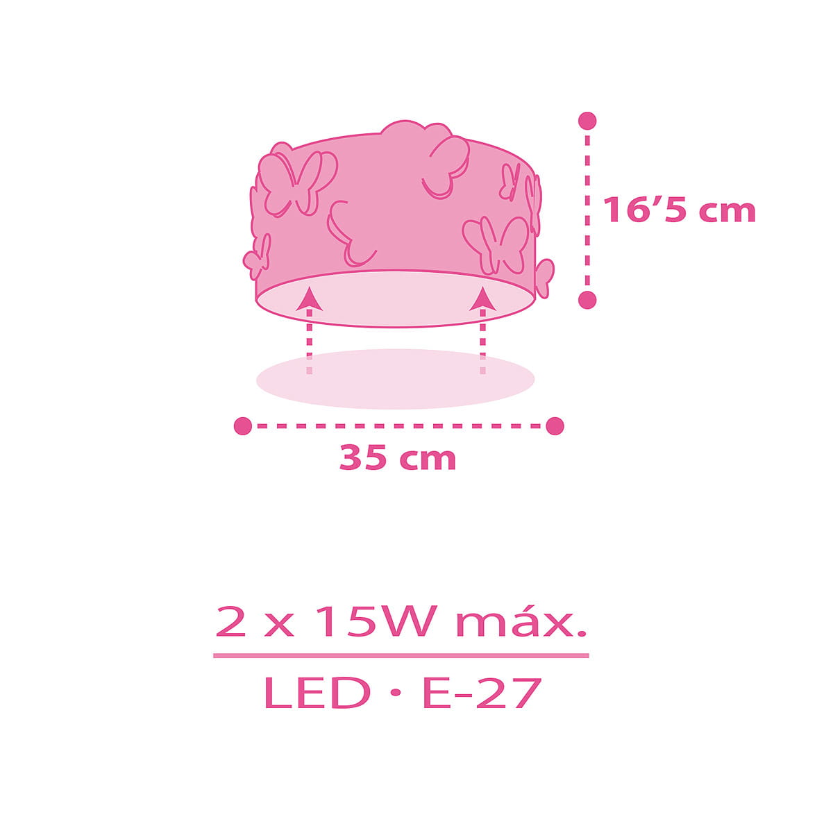 Plafon Butterfly 2-punktowy w kolorze różowym z motywem motyli, o średnicy 35 cm i wysokości 16,5 cm. Przeznaczony do żarówek LED E-27, maksymalna moc 2 x 15W. Stojący, z dekoracyjnym wzorem.