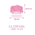 Plafon Butterfly 2-punktowy w kolorze różowym z motywem motyli, o średnicy 35 cm i wysokości 16,5 cm. Przeznaczony do żarówek LED E-27, maksymalna moc 2 x 15W. Stojący, z dekoracyjnym wzorem.