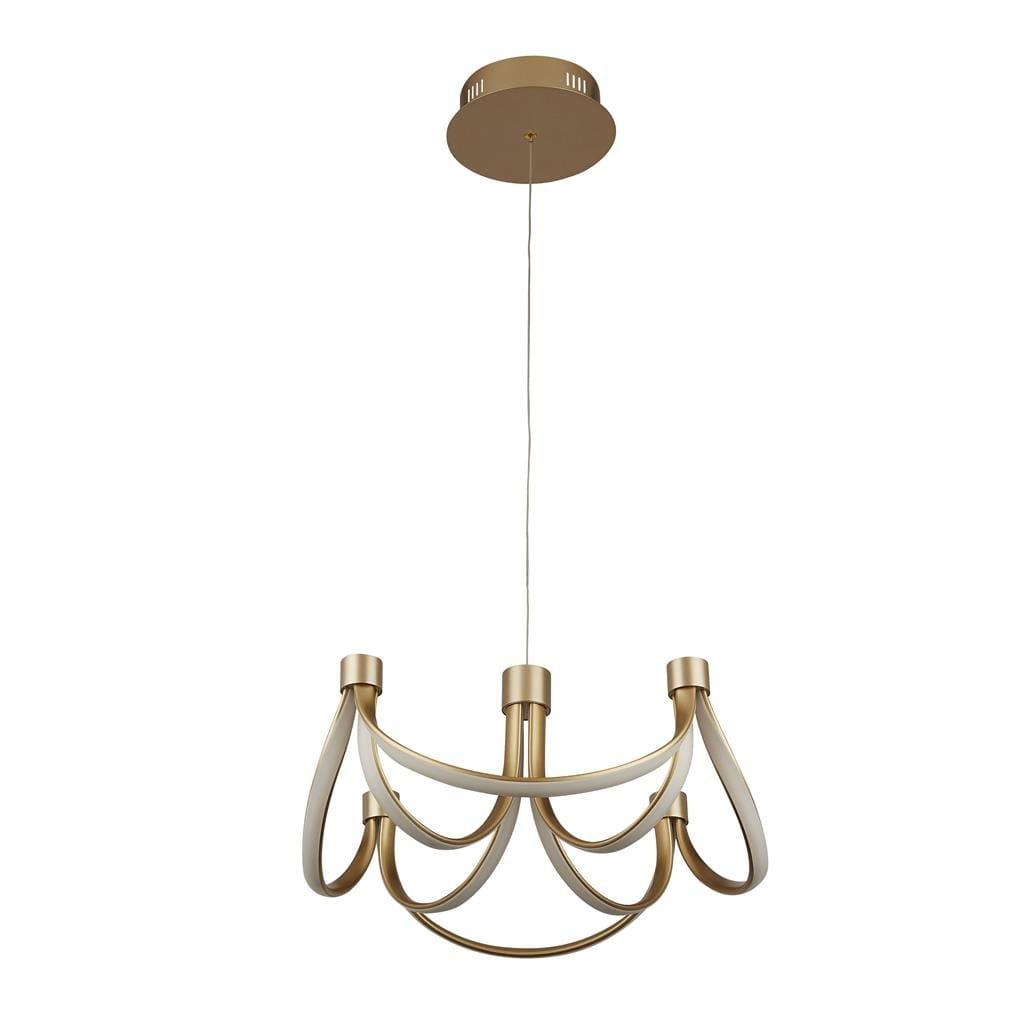 Złota lampa wisząca Signature LED 8-punktowa z dekoracyjnymi, białymi akcentami. Produkt zawieszony na cienkim przewodzie, z okrągłym, płaskim sufitem. Ułożenie z boku, ukazujące elegancki kształt i detale wykończenia.
