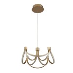 Złota lampa wisząca Signature LED 8-punktowa z dekoracyjnymi, białymi akcentami. Produkt zawieszony na cienkim przewodzie, z okrągłym, płaskim sufitem. Ułożenie z boku, ukazujące elegancki kształt i detale wykończenia.