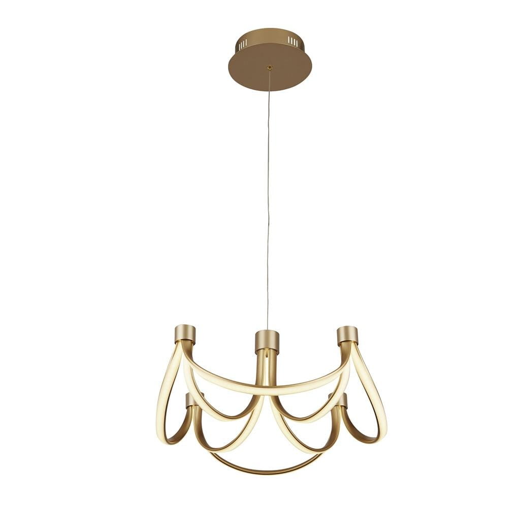 Złota lampa wisząca Signature LED z 8 punktami świetlnymi, o eleganckim, nowoczesnym designie. Produkt zawiera stylowe, zakrzywione ramiona i jest zawieszony na cienkim przewodzie. Idealna do aranżacji wnętrz.