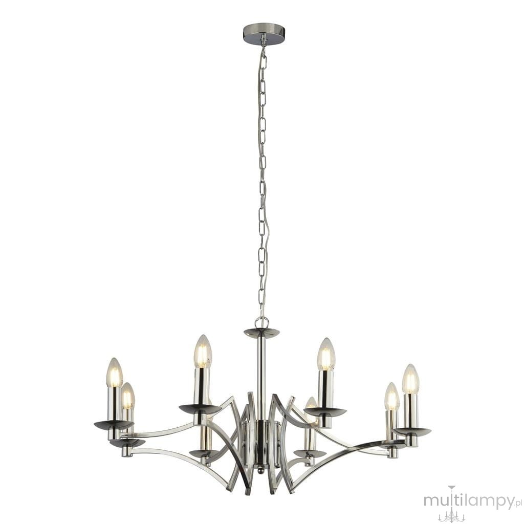 Lampa wisząca Ascot 8-punktowa w chromie, z sześcioma ramionami i świecznikami. Zawieszona na długim łańcuchu, z okrągłym mocowaniem sufitowym. Elegancka forma z błyszczącymi detalami, idealna do nowoczesnych wnętrz.