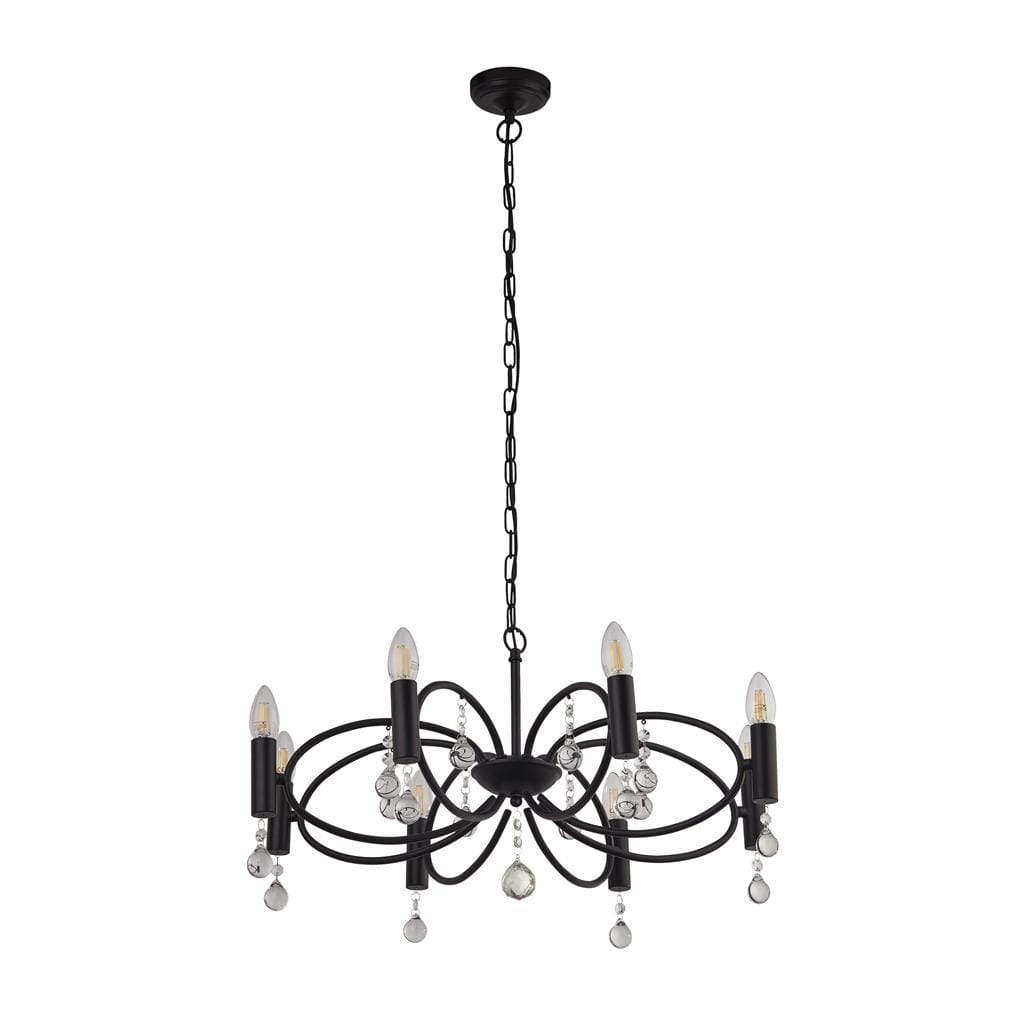 Czarna lampa wisząca Infinity 8-punktowa, z ośmioma lampami w kształcie świec, metalowa konstrukcja z ozdobnymi kryształkami, zawieszona na łańcuchu. Widok frontalny, na prostym tle.