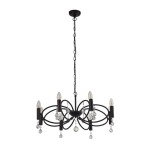 Czarna lampa wisząca Infinity 8-punktowa, z ośmioma lampami w kształcie świec, metalowa konstrukcja z ozdobnymi kryształkami, zawieszona na łańcuchu. Widok frontalny, na prostym tle.