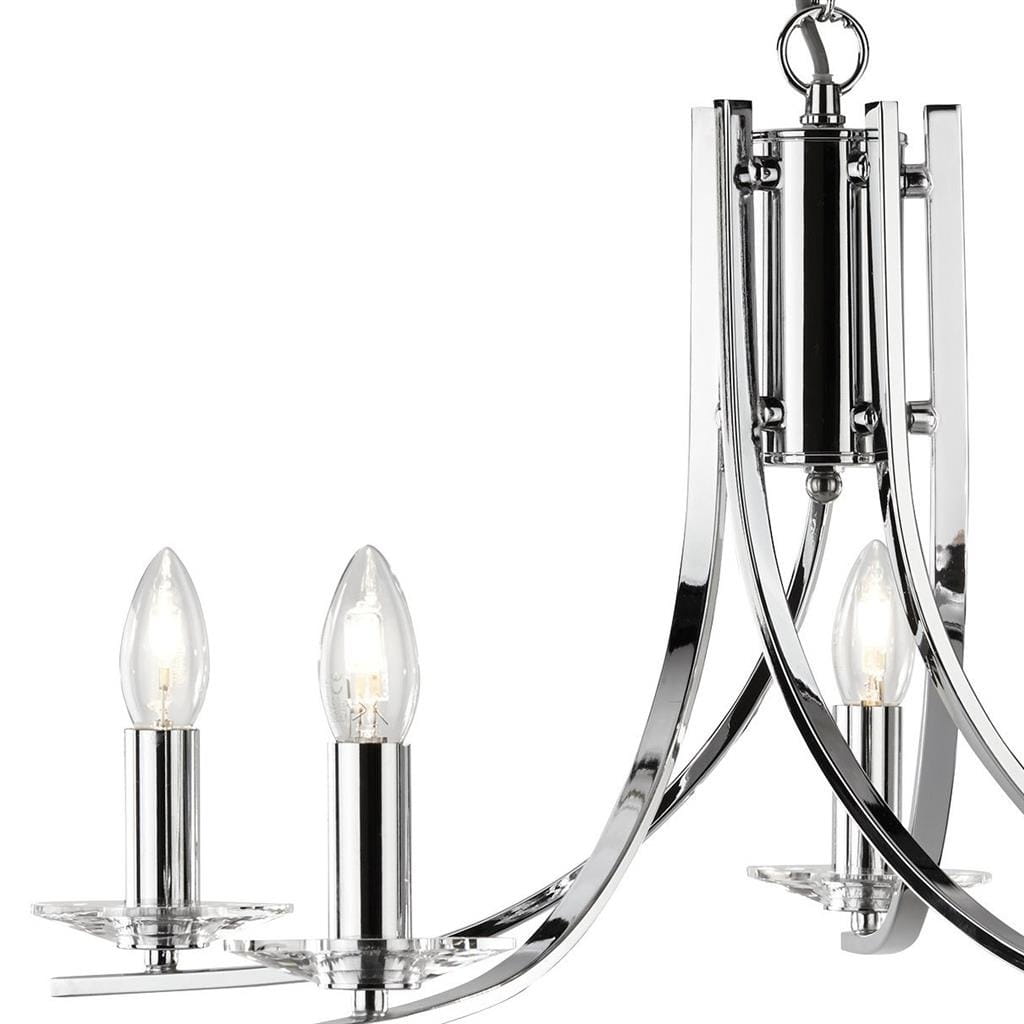 Lampa wisząca Ascona 5-punktowa w chromowanej obudowie. Posiada pięć źródeł światła w kształcie łezki, zamocowanych na prostokątnych podstawach. Eleganckie, zaokrąglone ramiona podkreślają nowoczesny design.