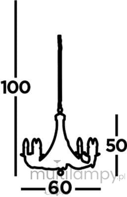 Lampa wisząca Maypole 8-punktowa w kolorze satynowego srebra. Widok z boku, pokazujący wymiary: wysokość 100 cm, szerokość 60 cm, odległość od sufitu 50 cm, z ośmioma miejscami na żarówki.