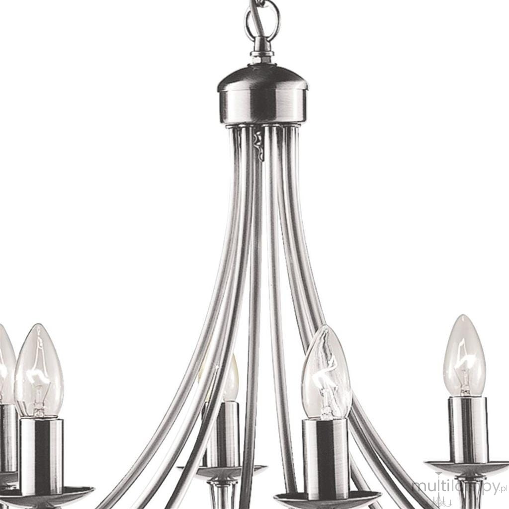 Lampa wisząca Maypole 8-punktowa w satynowym srebrze, z eleganckimi, zakrzywionymi ramionami. Widoczne osiem źródeł światła w formie świec na podstawach, metalowy uchwyt u góry. Prosty, nowoczesny design, idealna do różnych wnętrz.