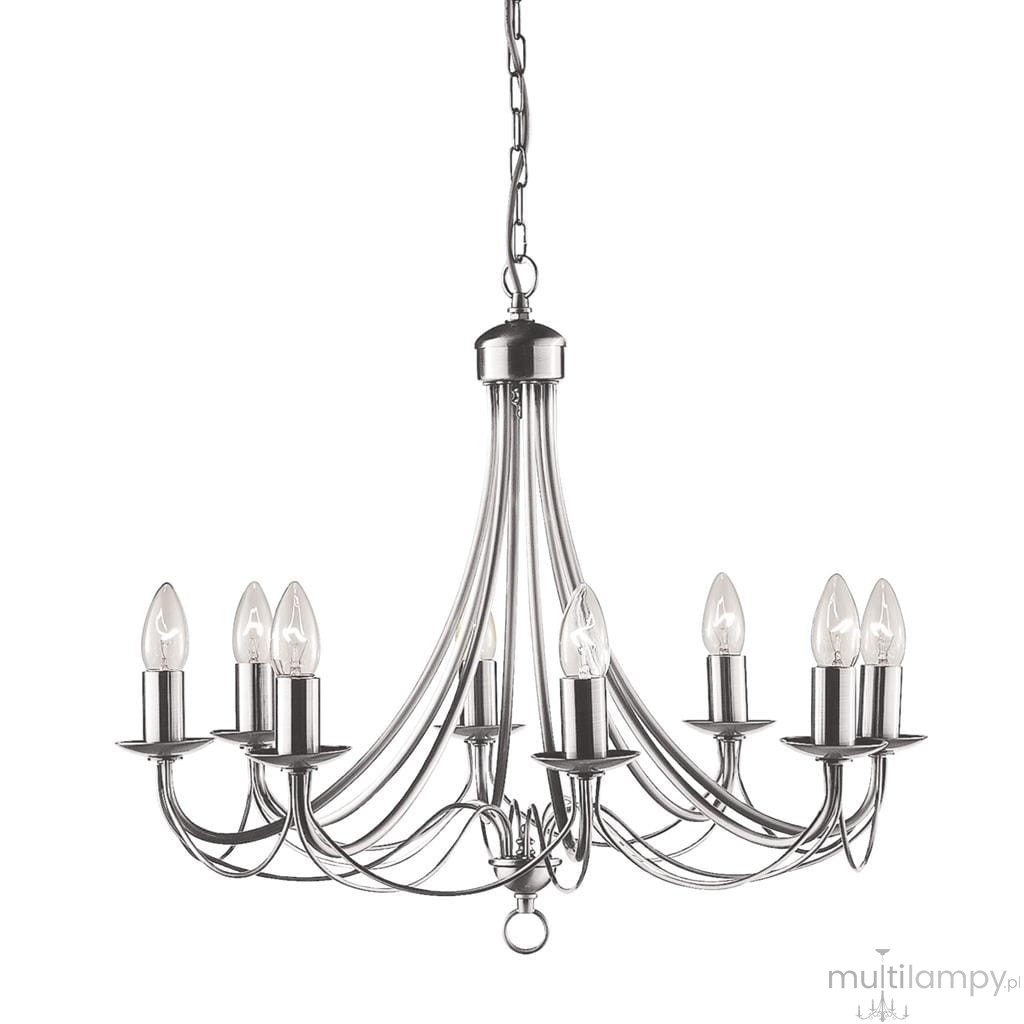 Lampa wisząca Maypole 8-punktowa w kolorze satynowego srebra. Posiada osiem źródeł światła w formie świeczek umieszczonych na metalowych podstawach. Ujęcie z dołu, podkreślające eleganckie, zakrzywione ramiona i łańcuch.