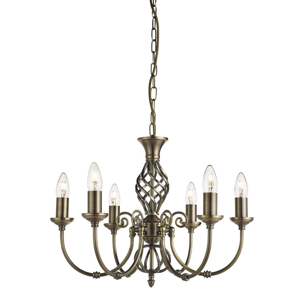 Lampa wisząca Zanzibar 6-punktowa w kolorze antycznego mosiądzu. Posiada elegancki, ozdobny uchwyt oraz sześć lamp z przezroczystymi kloszami w kształcie łezki. Zawieszona na łańcuszku, idealna do stylowych wnętrz.