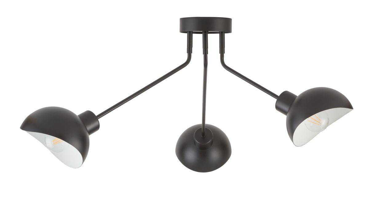Lampa sufitowa 3-punktowa Roy w kolorze czarnym i białym. Posiada trzy ruchome klosze o półkolistym kształcie, zamontowane na cienkich, metalowych ramionach, połączonych z okrągłym mocowaniem. Idealna do nowoczesnych wnętrz.