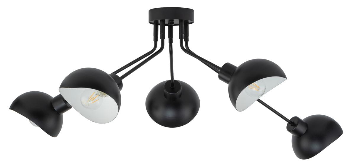 Lampa sufitowa Roy, 5-punktowa, w kolorze czarnym i białym. Posiada zaokrąglone klosze z matowego metalu oraz eleganckie, cienkie ramiona. Ujęcie z góry, ukazujące kształt i położenie punktów świetlnych.