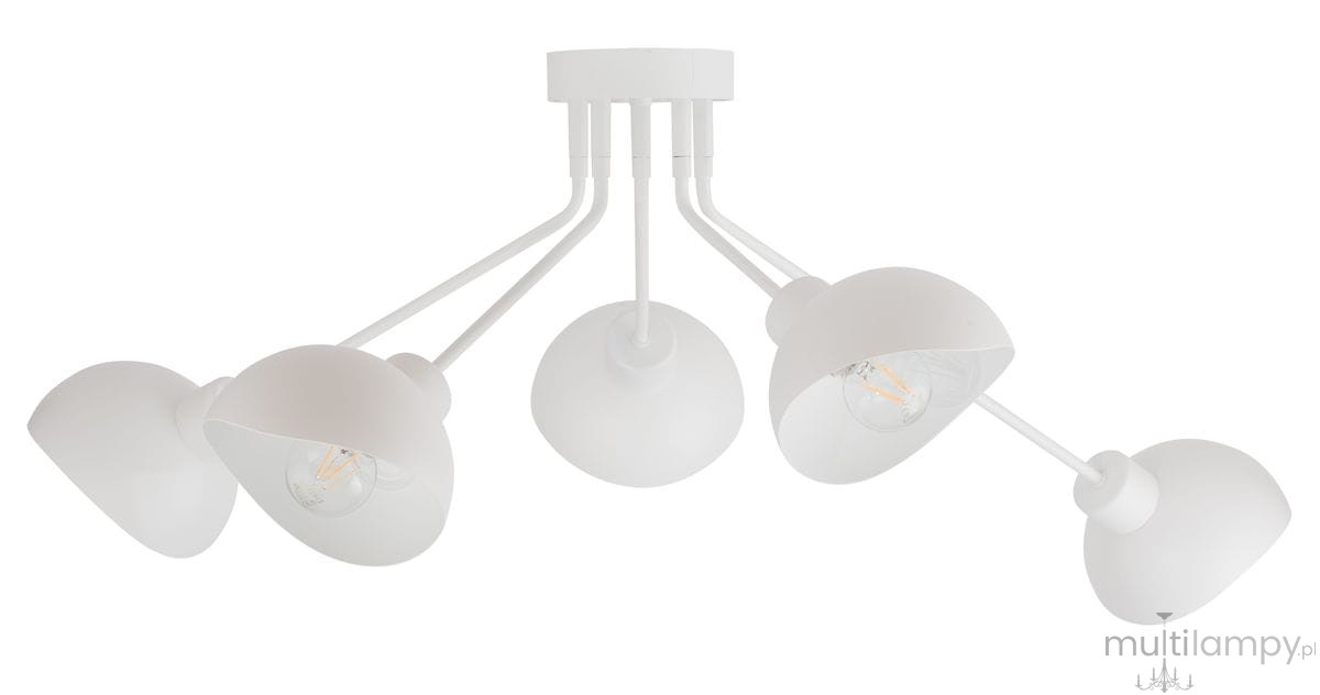 Biała lampa sufitowa Roy z pięcioma kloszami w kształcie stożków, zawieszona na białych rurkach. Klosze są matowe, z widocznymi żarówkami wewnątrz. Produkt zamontowany na okrągłej podstawie.