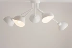 Lampa sufitowa Roy, pięciopunktowa, w białym kolorze. Składa się z pięciu kloszy o półkulistym kształcie, zamontowanych na metalowych ramionach. Ujęcie z dołu, pokazujące źródła światła w kloszach. Tło jasne, neutralne.