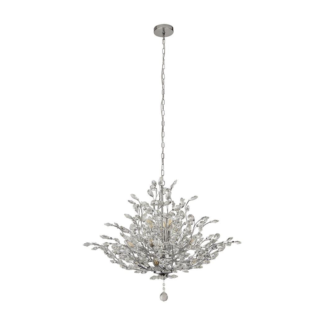 Lampa wisząca 11-punktowa w chromie, z ozdobnymi, przezroczystymi kryształkami w kształcie liści. Zawieszona na łańcuchu, z okrągłym mocowaniem sufitowym. Stylowy akcent do nowoczesnych wnętrz.
