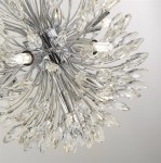 Lampa wisząca Peacock 14-punktowa w chromowanej obudowie, z licznymi kryształowymi elementami w kształcie kropli. Ujęcie z góry, ukazujące szczegóły konstrukcji oraz źródła światła. Tło jasne, minimalistyczne.