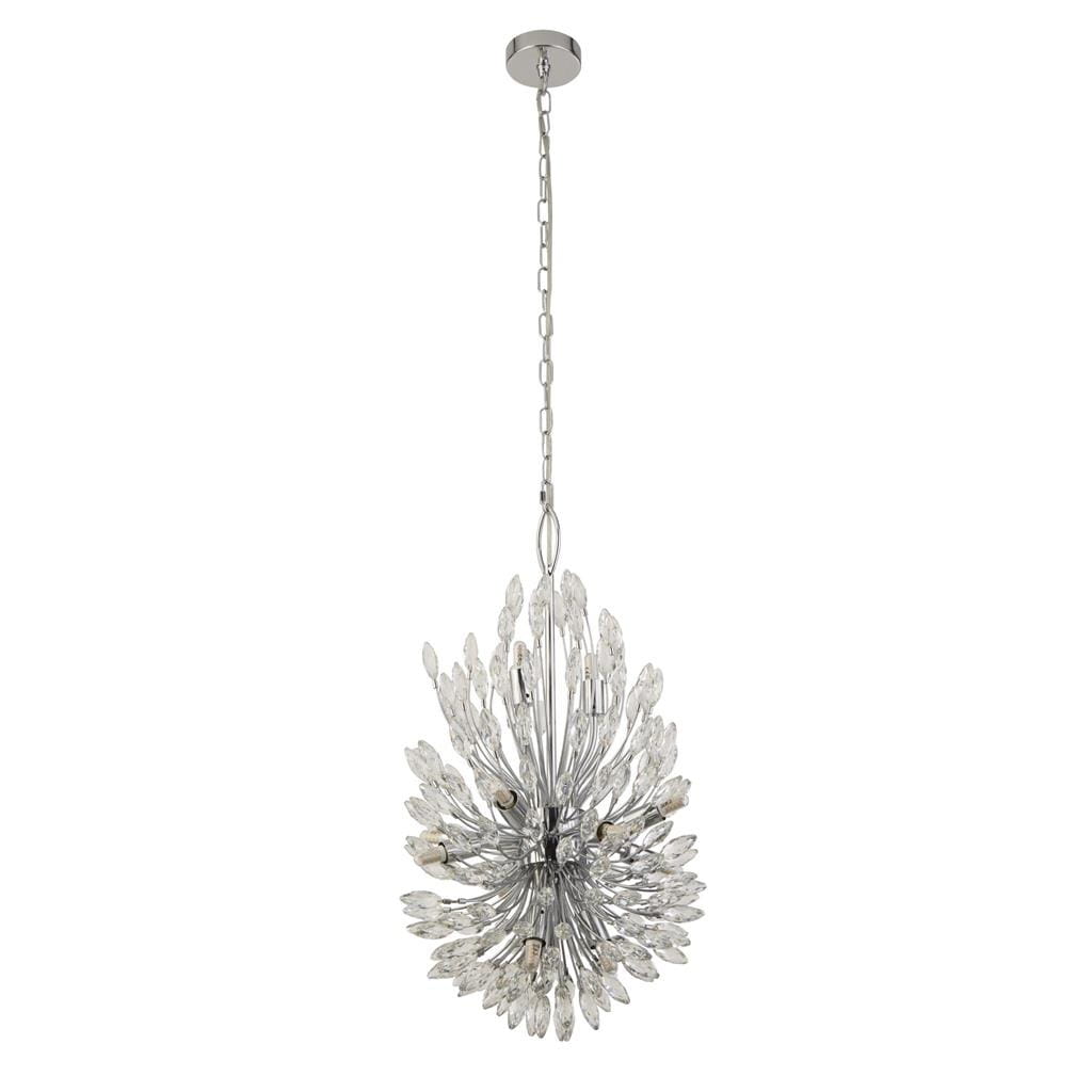 Lampa wisząca Peacock 14-punktowa w chromie. Okrągła podstawa, długi łańcuch, dekoracyjne elementy w kształcie liści, wykonane z przezroczystego materiału. Całość wisi w pozycji rozłożonej, na białym tle.