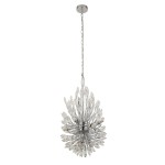 Lampa wisząca Peacock 14-punktowa w chromie. Okrągła podstawa, długi łańcuch, dekoracyjne elementy w kształcie liści, wykonane z przezroczystego materiału. Całość wisi w pozycji rozłożonej, na białym tle.