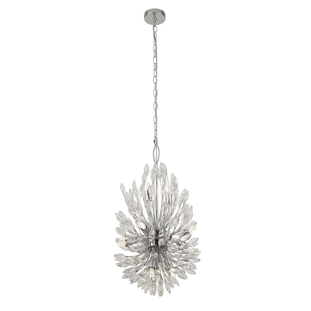 Lampa wisząca Peacock 14-punktowa w kolorze chromu, z dekoracyjnymi, przezroczystymi elementami przypominającymi liście. Zawieszona na łańcuchu, w formie kulistej, z przymocowanym okrągłym mocowaniem u sufitu.