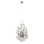 Lampa wisząca Peacock 14-punktowa w kolorze chromu, z dekoracyjnymi, przezroczystymi elementami przypominającymi liście. Zawieszona na łańcuchu, w formie kulistej, z przymocowanym okrągłym mocowaniem u sufitu.