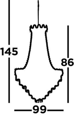 Żyrandol Louis Phillipe 11-punktowy w chromowanej obudowie, o kształcie przypominającym stożek z falistymi krawędziami. Wymiary: wysokość 145 cm, szerokość 99 cm, głębokość 86 cm. Montaż sufitowy, elegancka forma.