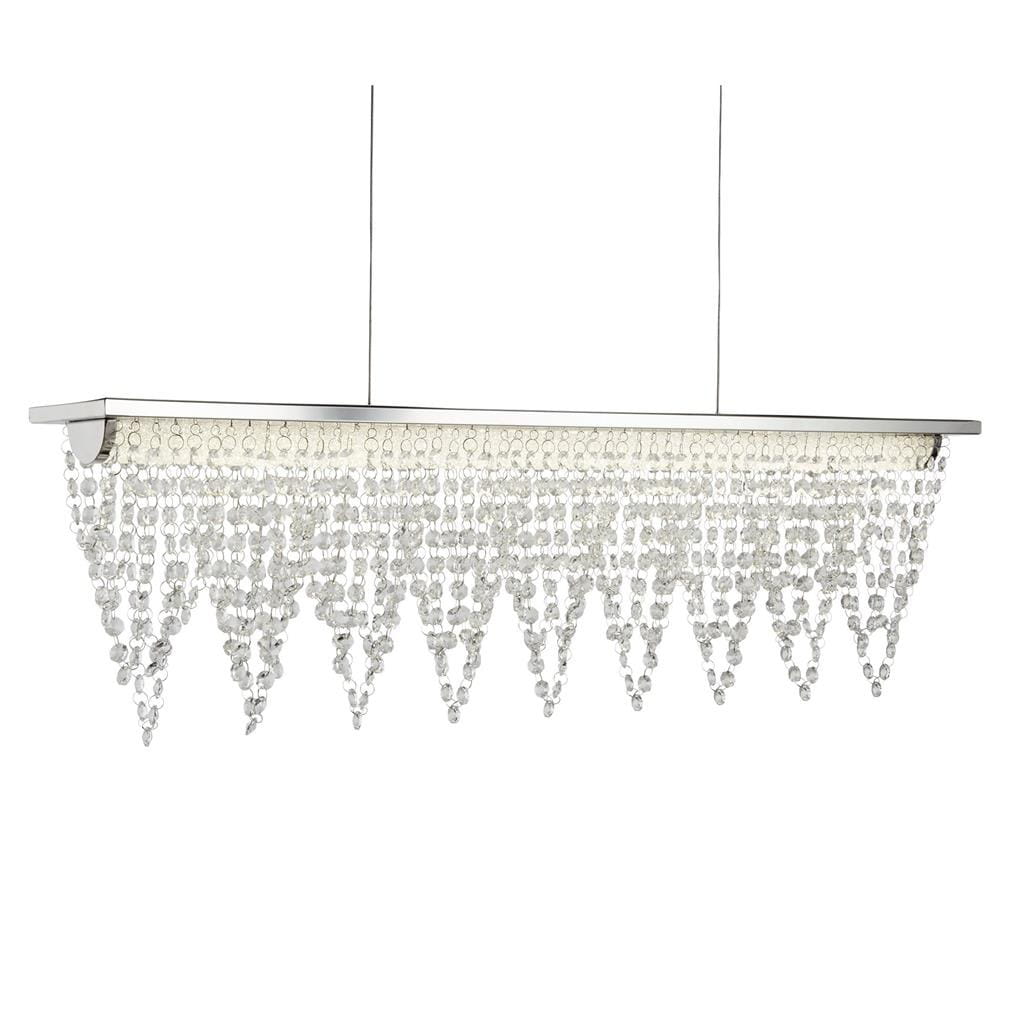 Lampa wisząca Drape LED 1-punktowa w kolorze chromu z przezroczystymi kryształkami w formie kaskady. Zawieszona na dwóch cienkich przewodach, prostokątna podstawa z wbudowanym oświetleniem LED. Idealna do nowoczesnych wnętrz.