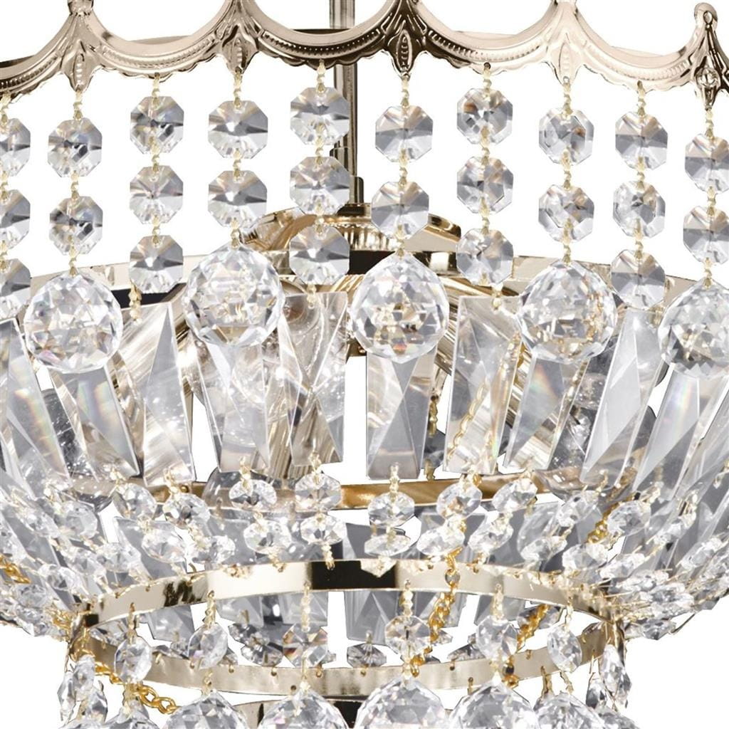 Złota lampa sufitowa 5-punktowa Versailles 9113-39GO, ozdobiona kryształowymi elementami. Widoczne detale to przezroczyste kryształy w różnych kształtach, zawieszone na złotej konstrukcji, co tworzy elegancki i luksusowy wygląd.