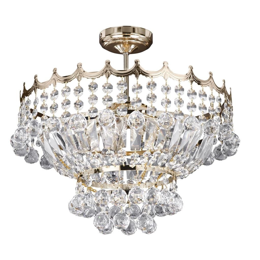 Złota lampa sufitowa 5-punktowa Versailles z kryształowymi dekoracjami, o okrągłym kształcie. Widoczne zwisające elementy ze szkła, błyszcząca metalowa konstrukcja, montowana na suficie, w perspektywie frontalnej.