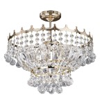 Złota lampa sufitowa 5-punktowa Versailles z kryształowymi dekoracjami, o okrągłym kształcie. Widoczne zwisające elementy ze szkła, błyszcząca metalowa konstrukcja, montowana na suficie, w perspektywie frontalnej.