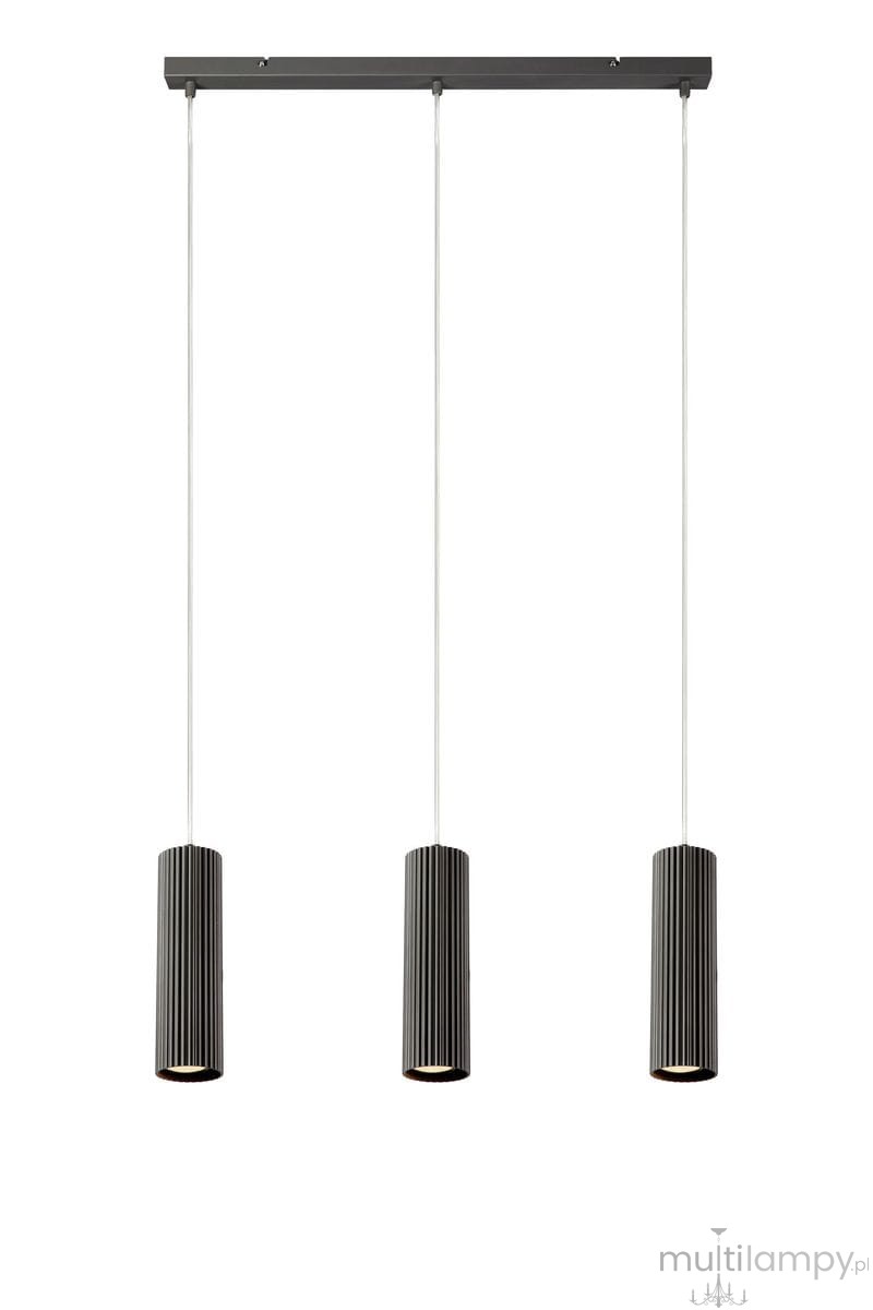 Lampa wisząca Costilla 3-punktowa w kolorze grafitowym, z trzema cylindrycznymi kloszami o żłobionej fakturze. Zawieszona na cienkich linkach, montowana na prostokątnej podstawie. Tło białe, co podkreśla jej nowoczesny design.