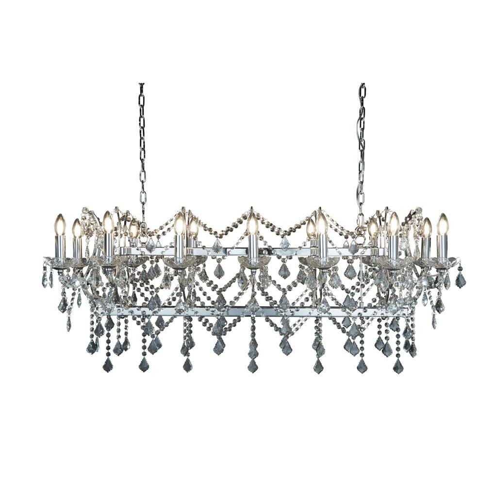 Lampa wisząca Florence 14-punktowa w kolorze chromu, z dekoracyjnymi kryształkami i łańcuchami. Ułożona poziomo, z widocznymi źródłami światła w formie świeczek, zawieszona na łańcuchu. Elegancki design, idealna do dużych wnętrz.