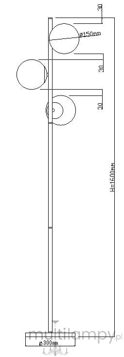 Czarna lampa podłogowa Dorado LP-002/3F z trzema okrągłymi kloszami o średnicy 150 mm, z prostą, metalową podstawą o średnicy 300 mm. Wysokość całkowita wynosi 1610 mm. Klosze umieszczone na różnych wysokościach, elegancki design.