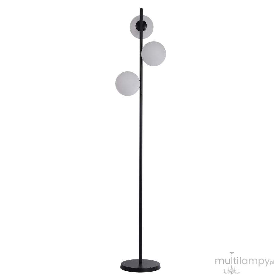 Lampa podłogowa Dorado 3-punktowa w kolorze czarnym, z trzema okrągłymi kloszami z białego szkła. Stojąca na okrągłej podstawie, z gładką, metalową nogą. Klosze rozmieszczone na różnych wysokościach dla efektownego oświetlenia.
