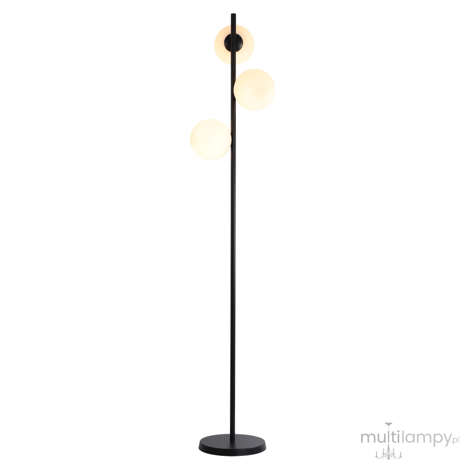 Czarna lampa podłogowa Dorado LP-002/3F BK z trzema okrągłymi kloszami w kolorze białym. Ujęcie frontalne, produkt stoi na okrągłej podstawie. Klosze rozmieszczone na różnych wysokościach, metalowa konstrukcja.