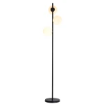 Czarna lampa podłogowa Dorado LP-002/3F BK z trzema okrągłymi kloszami w kolorze białym. Ujęcie frontalne, produkt stoi na okrągłej podstawie. Klosze rozmieszczone na różnych wysokościach, metalowa konstrukcja.