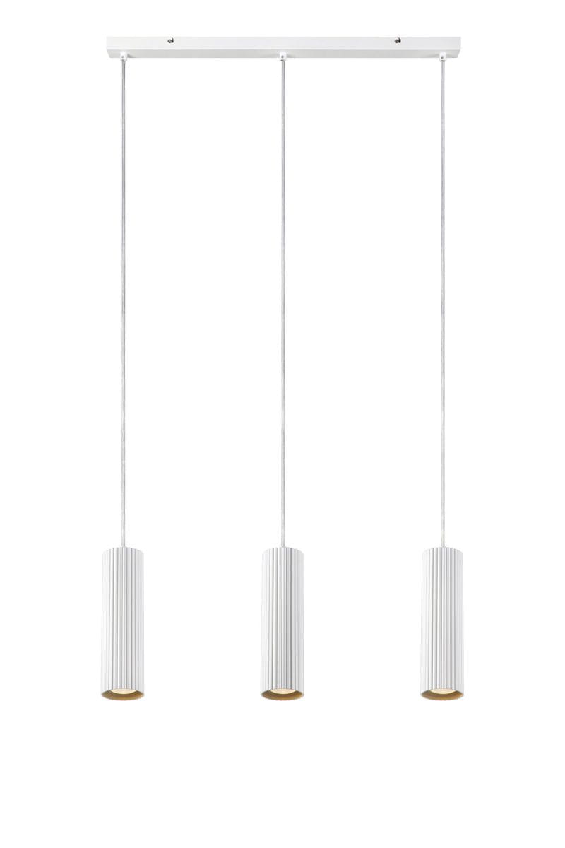 Lampa wisząca Costilla 3-punktowa w kolorze białym z trzema cylindrycznymi kloszami z rowkami, zawieszona na cienkich kablach. Klosze mają złote wnętrza, co podkreśla ich elegancki wygląd. Ujęcie frontalne na białym tle.