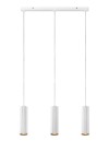 Lampa wisząca Costilla 3-punktowa w kolorze białym z trzema cylindrycznymi kloszami z rowkami, zawieszona na cienkich kablach. Klosze mają złote wnętrza, co podkreśla ich elegancki wygląd. Ujęcie frontalne na białym tle.