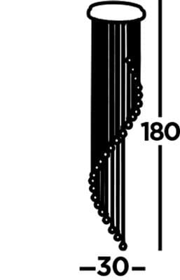 Lampa wisząca 5-punktowa w kolorze chromu, o wysokości 180 cm i średnicy 30 cm. Składa się z pięciu zwisających, okrągłych elementów, które tworzą nowoczesny i elegancki wygląd.