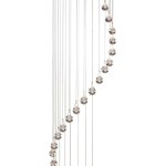 Lampa wisząca 5-punktowa w kolorze chromu z przezroczystymi kryształkami, zawieszona na cienkich żyłkach, układająca się w spiralny kształt. Widok z boku, ukazujący detale kryształów oraz ich rozmieszczenie.