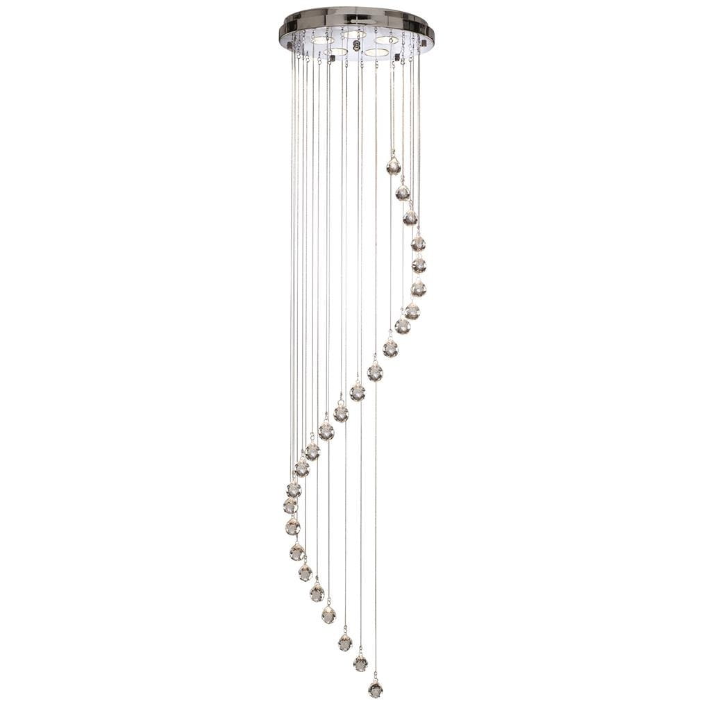 Lampa wisząca 5-punktowa w kolorze chromu, z wiszącymi szklanymi kulami o różnych wysokościach, tworzącymi spiralny wzór. Ujęcie z boku, wisząca, na tle białym. Idealna do nowoczesnych wnętrz.