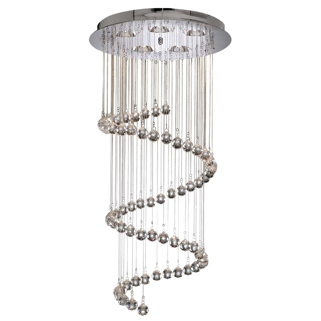 Lampa wisząca 5-punktowa w kolorze chromu, z dekoracyjnymi kulkami, zawieszona na cienkich linkach w spiralnym układzie. Widoczna okrągła podstawa mocująca. Elementy szklane odbijają światło, tworząc efektowną iluminację.