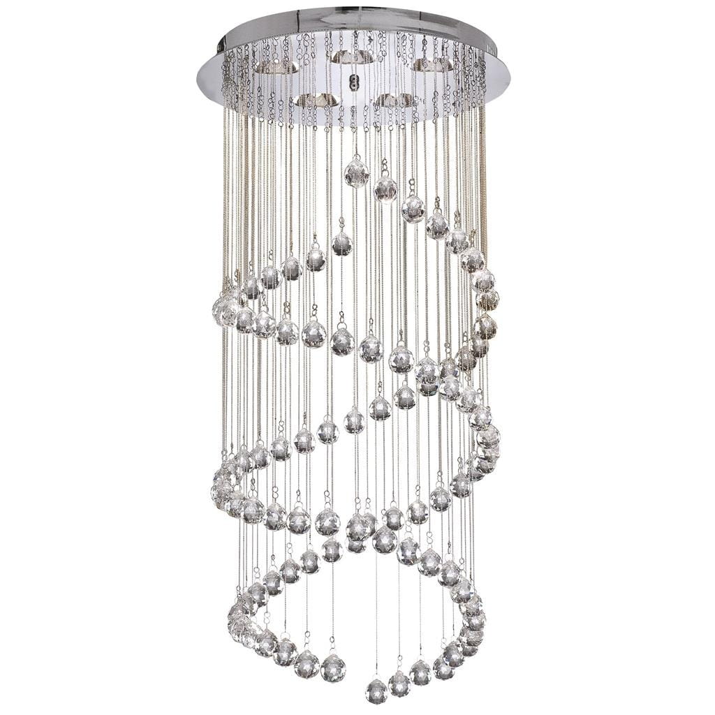 Lampa wisząca 5-punktowa w kolorze chromu, z okrągłym stelażem i spiralnie zawieszonymi kryształowymi kulami. Produkt wisi w pozycji pionowej, ukazując efektowną grę światła i cienia. Tło neutralne, podkreślające detal lampy.