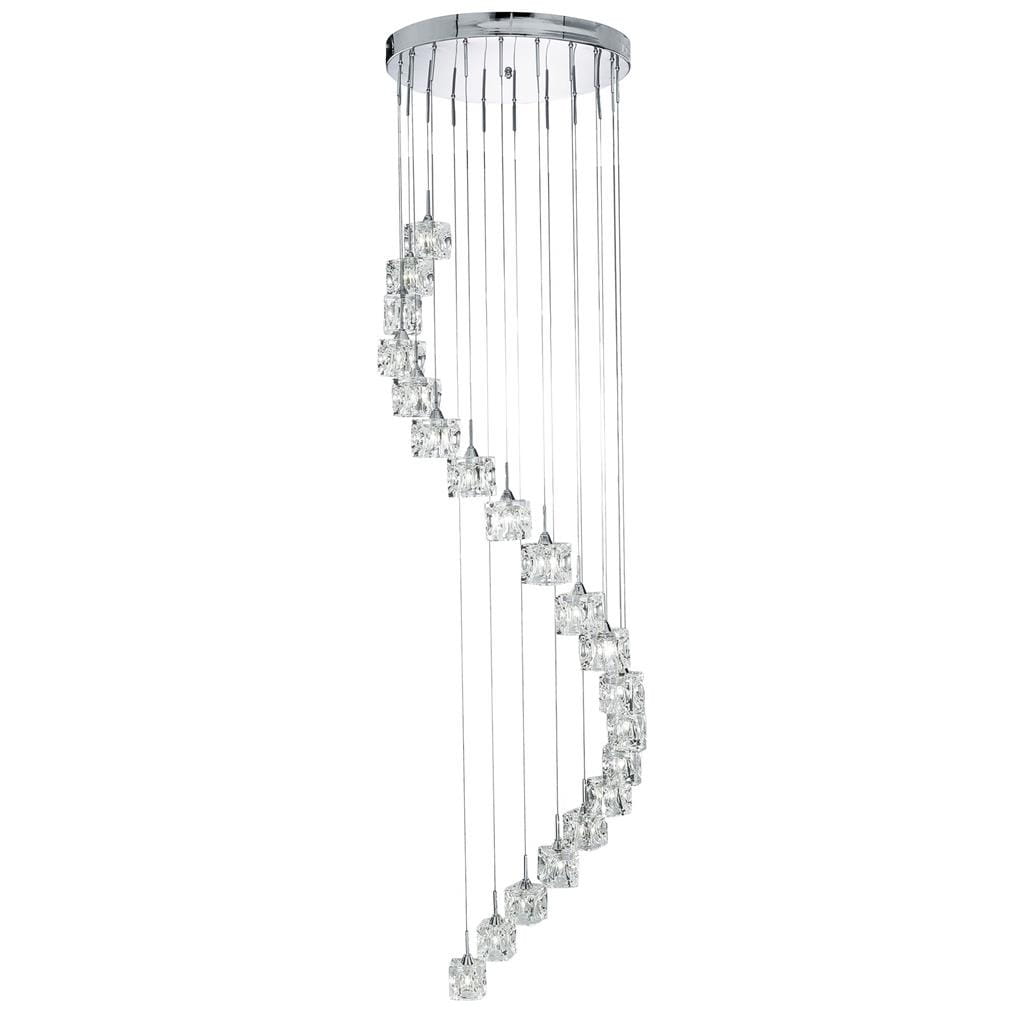 Lampa wisząca Ice Cube LED H180 z 20 punktami świetlnymi, chromowana, w kształcie spiralnym. Przezroczyste klosze z kryształu umieszczone na cienkich przewodach, wisząca konstrukcja. Prosta, nowoczesna forma z metalowym stropem.