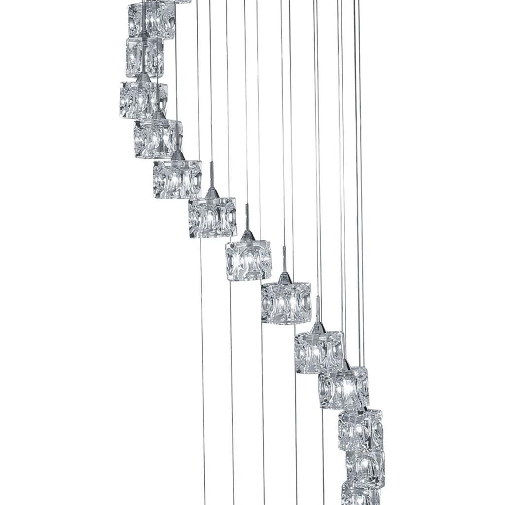 Lampa wisząca Ice Cube LED H300 z 20 punktami świetlnymi, chromowana, z przezroczystymi, sześciennymi kloszami. Klosze zawieszone na cienkich linkach, tworzą elegancki, opadający kształt. Idealna do nowoczesnych wnętrz.