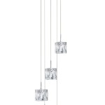 Lampa wisząca Ice Cube 5-punktowa w chromie, z trzema kryształowymi kloszami w kształcie kostek lodu, zawieszona na cienkich linkach. Klosze są przezroczyste, z wyraźnymi fakturami, wiszące w różnych wysokościach.