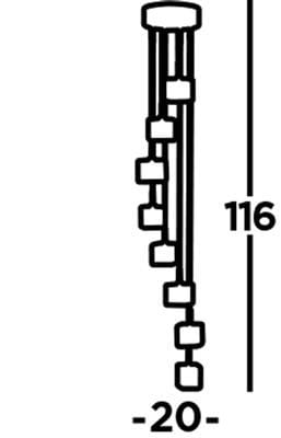 Lampa wisząca Ice Cube 8-punktowa o chromowanej konstrukcji. Zawiera osiem prostokątnych kloszy w różnych wysokościach, zawieszona na długim przewodzie. Wymiary: wysokość 116 cm, odstęp między kloszami 20 cm.