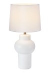 Lampa stołowa Shape 1-punktowa w białym kolorze, z okrągłym, zaokrąglonym korpusem i prostym, pokrytym tkaniną kloszem. Ujęcie frontalne, lampa stoi na płaskiej powierzchni, z widocznym złotym detalem u podstawy.