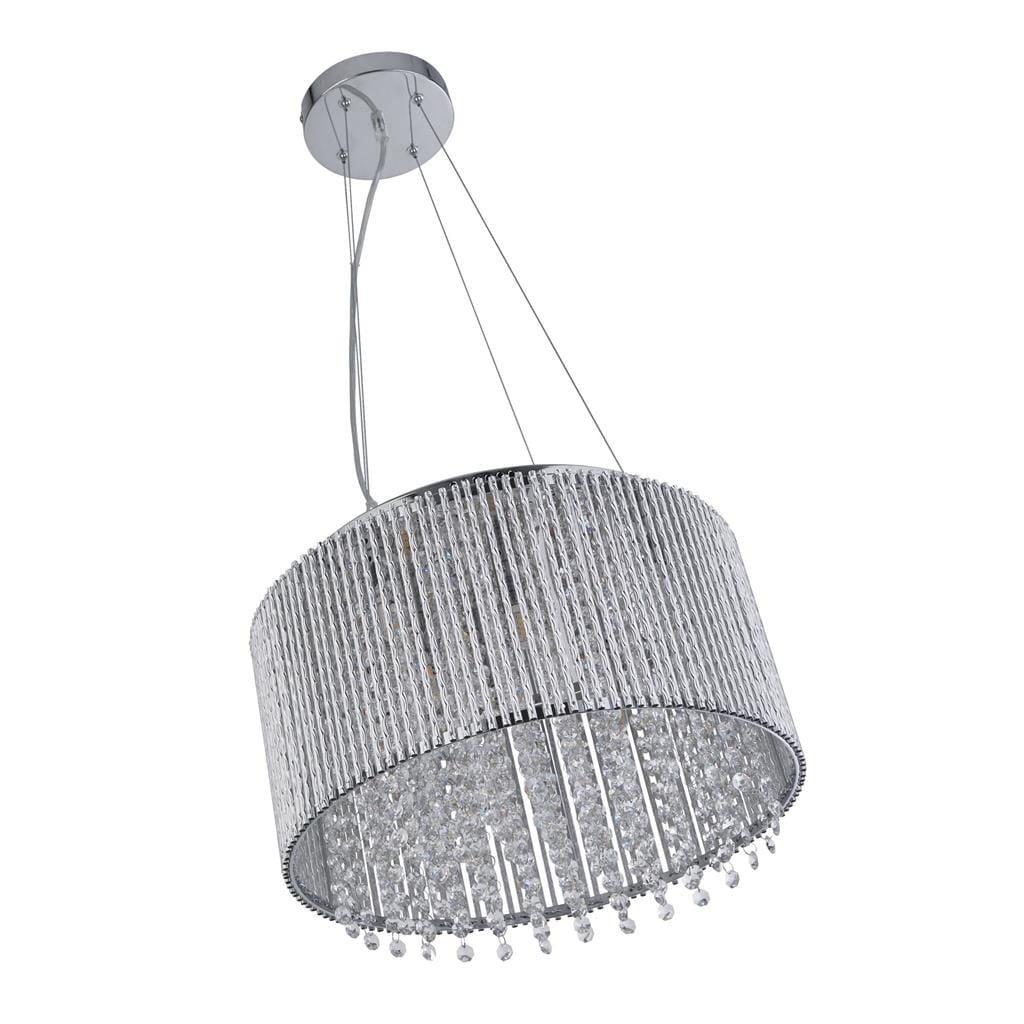 Lampa wisząca Elise I, 8-punktowa, w chromowanej obudowie. Okrągły klosz zdobiony transparentnymi kryształkami, zawieszona na stalowych linkach. Widok z góry, ukazujący detal wykonania i elegancki design.