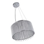 Lampa wisząca Elise I, 8-punktowa, w chromowanej obudowie. Okrągły klosz zdobiony transparentnymi kryształkami, zawieszona na stalowych linkach. Widok z góry, ukazujący detal wykonania i elegancki design.