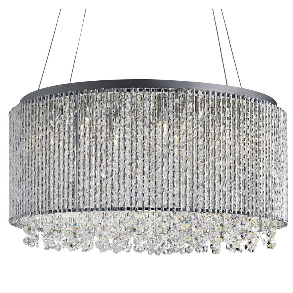 Lampa wisząca Elise I, 8-punktowa, w kolorze chromu. Okrągła konstrukcja z przezroczystymi kryształkami, zawieszona na cienkich linkach. Widoczne błyszczące detale i elegancki design, idealna do nowoczesnych wnętrz.